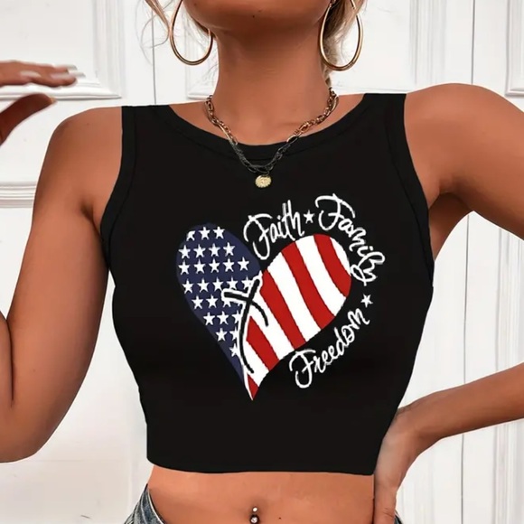 🇺🇸 American Pride Faith Family & Freedom Cropped Black Sleeveles - Picture 3 of 6